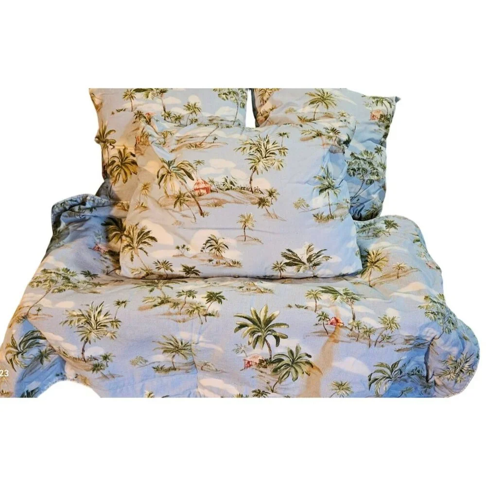 5 pc King Bed Sham Set Tropical Palm Fashion On 5th Cotton Light Blue Green Read